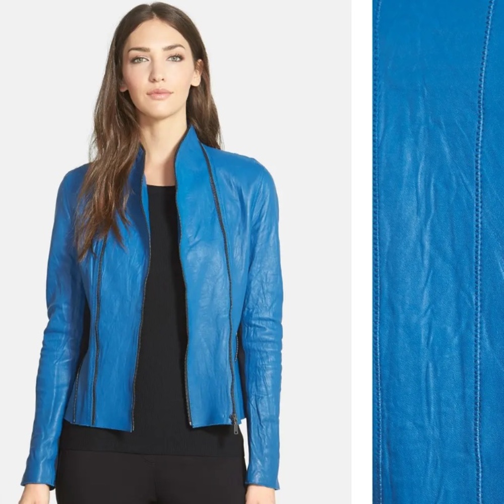Elie TAHARI Leather ‘Yasmine' Blue Jacket. XS